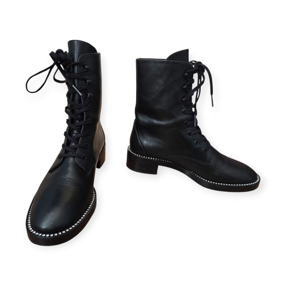 Stuart Weitzman Black Crystal Sondra Shine Smooth Calf Leather Bootie Size 7.5 - Picture 2 of 12